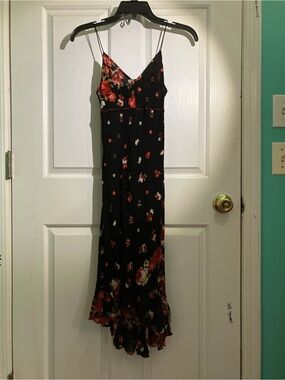 VM Black Maxi Slip Dress with Red Floral Print
